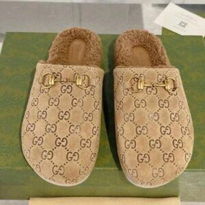 Gucci Beige GG Patterned Fur-Lined Mules